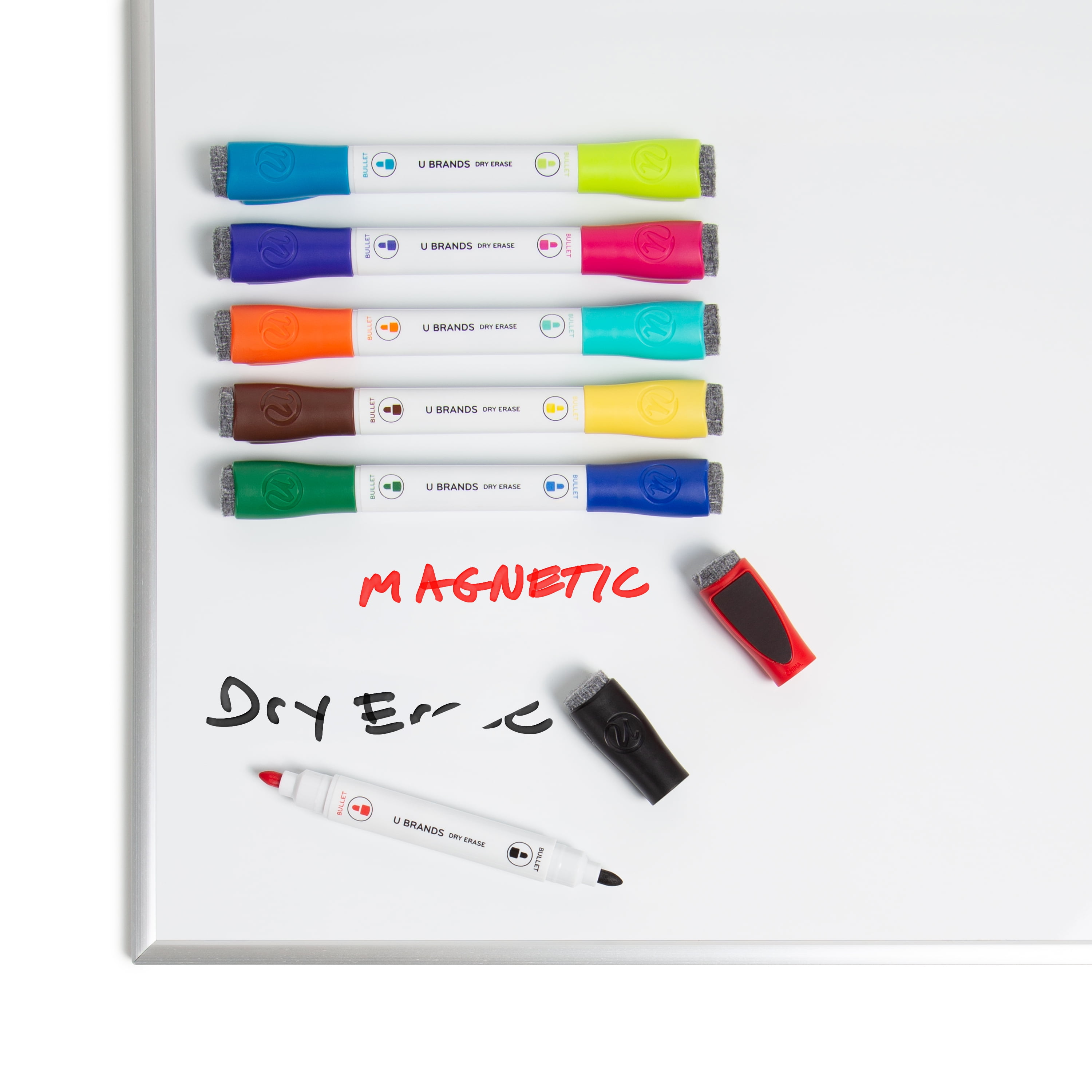 U Brands Low Odor Magnetic Double Ended Dry Erase Markers With Erasers Bullet Tip 6-Count 2 Pack Assorted Colors 