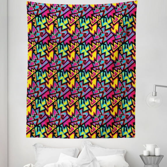 Psychedelic Tapestry, Grunge Graffiti Inspired Pattern of Colorful Shapes on Dark Toned Background, Fabric Wall Hanging Decor for Bedroom Living Room Dorm, 5 Sizes, Multicolor, by Ambesonne