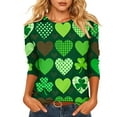 thumbnail image 2 of LEKWK St Patricks Day Shirt White Striped Shamrock Round Neck 3/4 Sleeve Casual Tops Clover Graphic Splice Festival Tee, 2 of 6