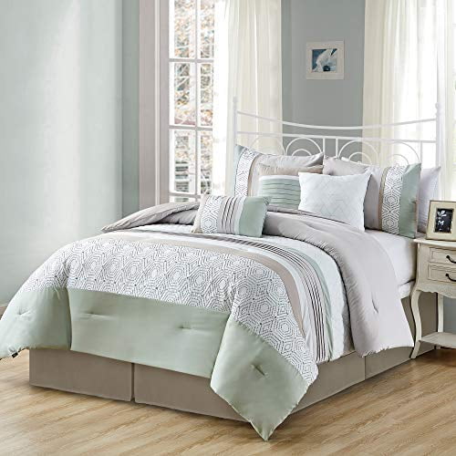 Chezmoi Collection Emerson 7 Piece Luxury Geometric Embroidered Hexagon Pleated Striped Comforter Set Com - Sage Green And Gray Bedding Chezmoi Collection Emerson 7 Piece Luxury Geometric Embroidered Hexagon Pleated Striped Comforter Set Com - Sage Green And Gray Bedding