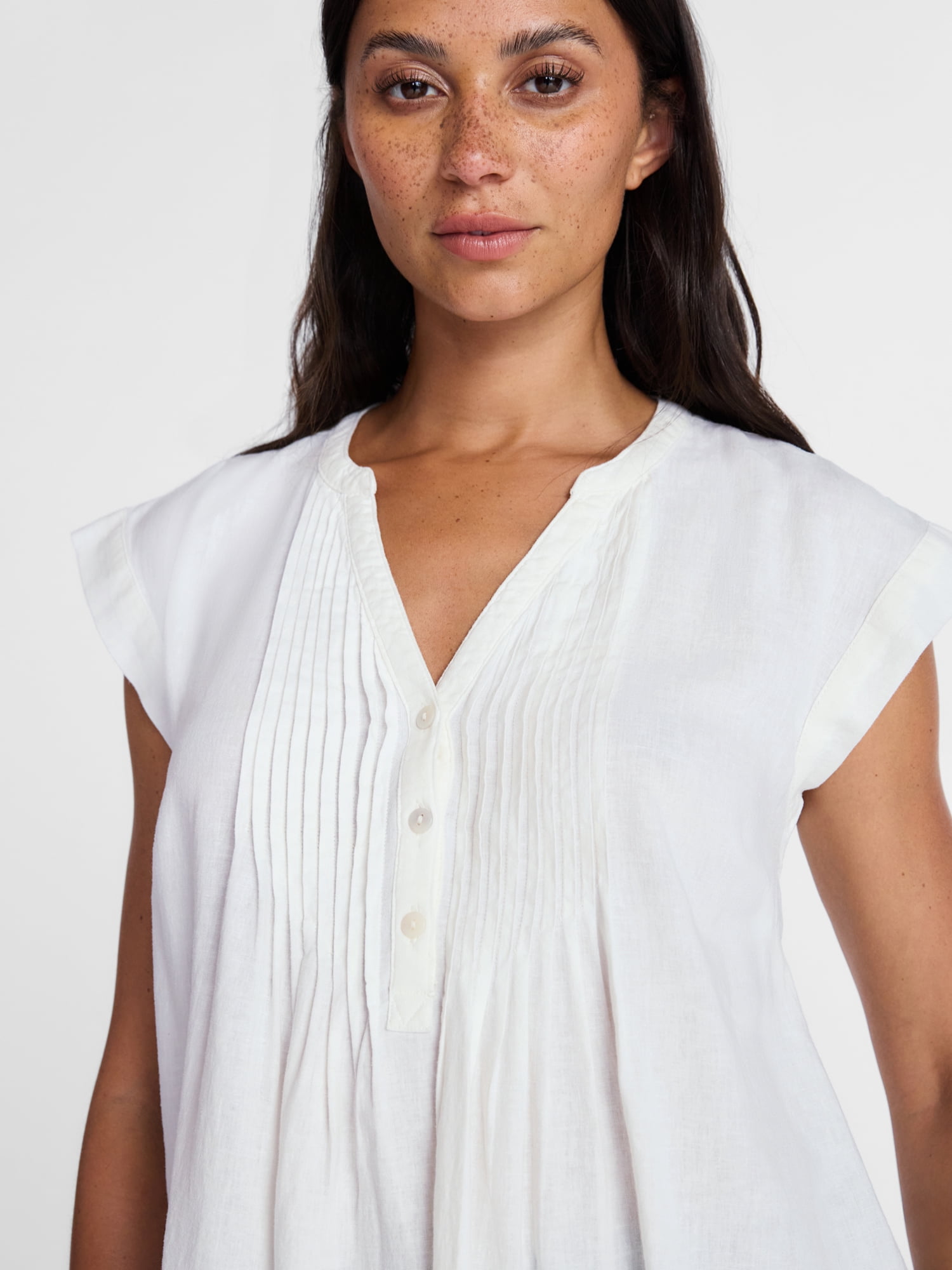 Time and Tru Women's Linen Blend Pintuck Top with Short Sleeves, Size XS-XXXL