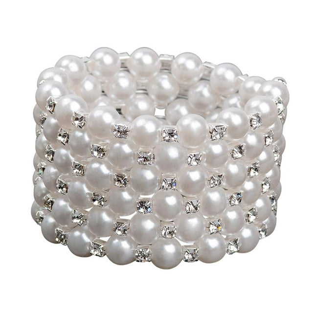 Pulsera elástica de perlas y diamantes de imitación para bodas, bailes, disfraces y concursos de belleza. 6 hileras