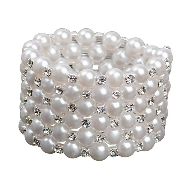 Pulsera elástica de perlas y diamantes de imitación para bodas, bailes de graduación, disfraces y desfiles. 6 hileras