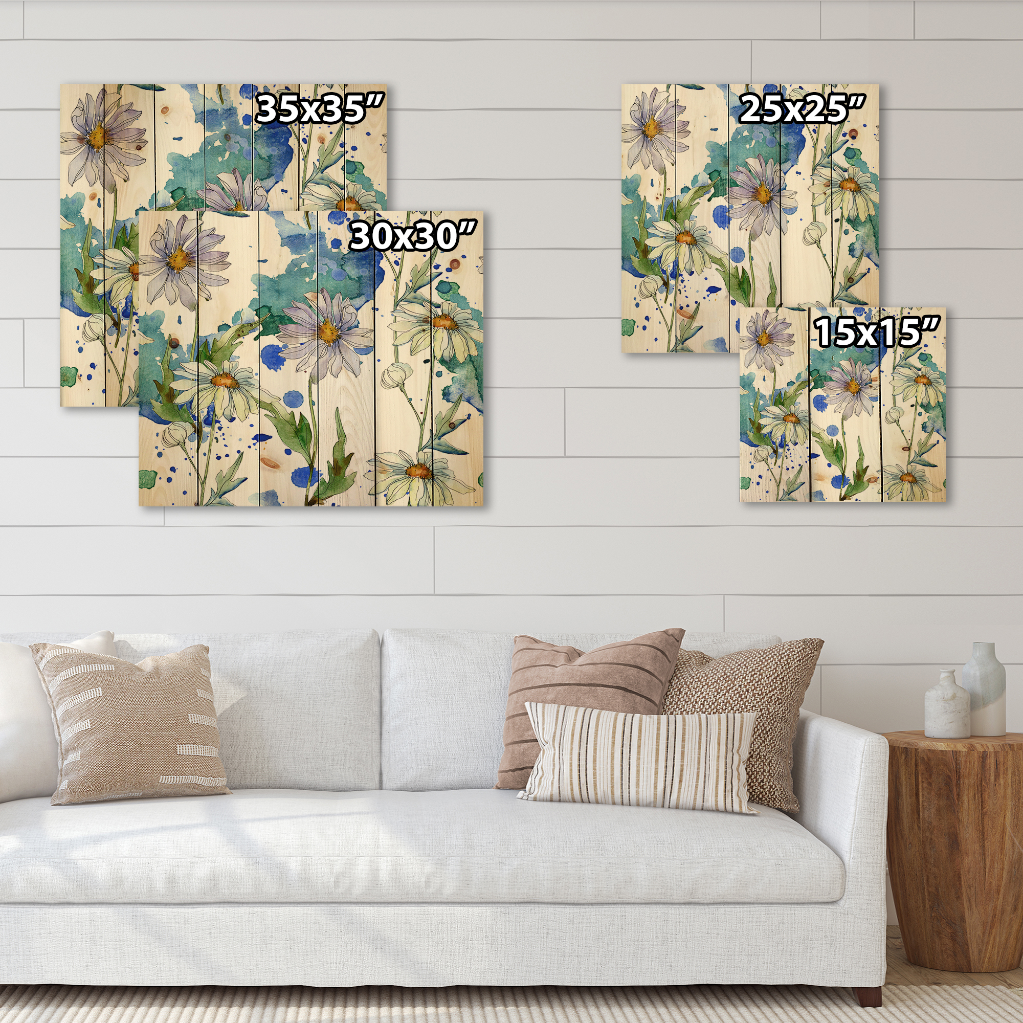Designart 'Daisies With Green Leaves and Background' Traditional Print on Natural Pine Wood