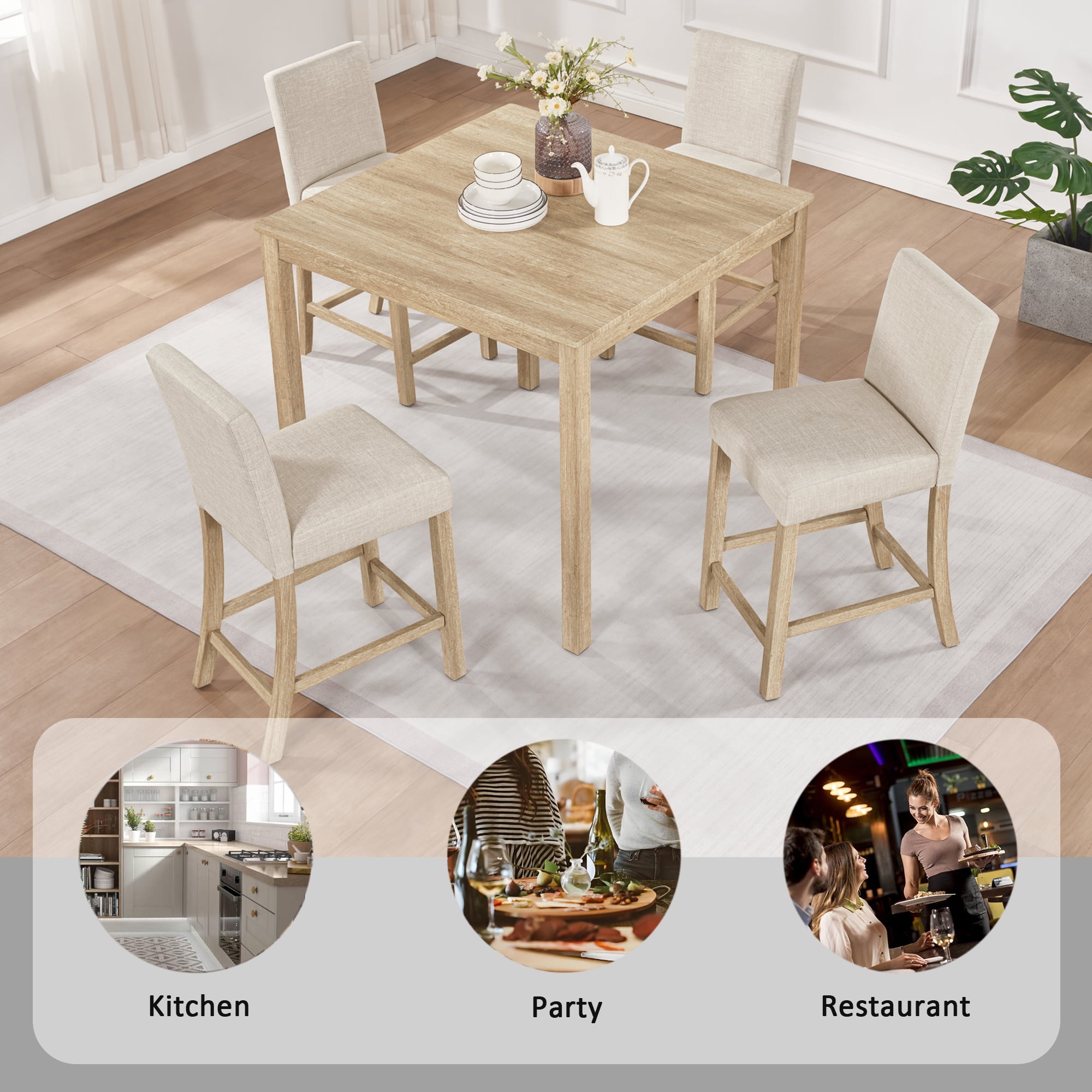 BSHTI 39" 5-Piece Rectangle Counter Height Table Set with Upholstered Chairs, Modern Space Saving Design for Dining Room（Light Oak）