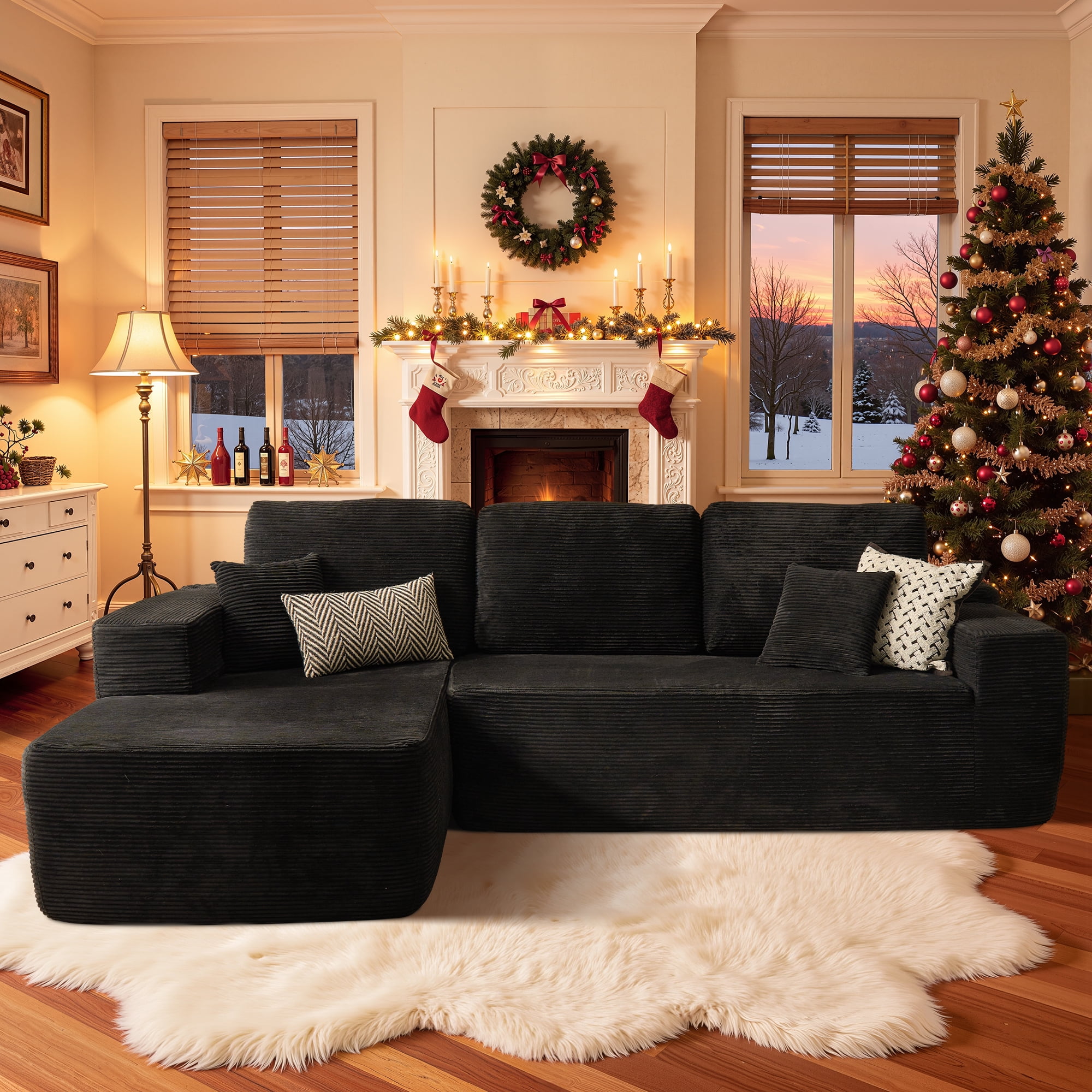 Vcatnet 106" Modular Sectional Sofa Couch Corduroy Cloud Couch L Shaped Modern Minimalist Couch with Chaise for Living Room, Black