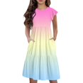 thumbnail image 3 of Girls Summer Dress Tween Dresses Summer Casual Gradient Color Midi Dress with Short Sleeves and Pockets Lightweight and Comfortable ,Sie:140, 3 of 9