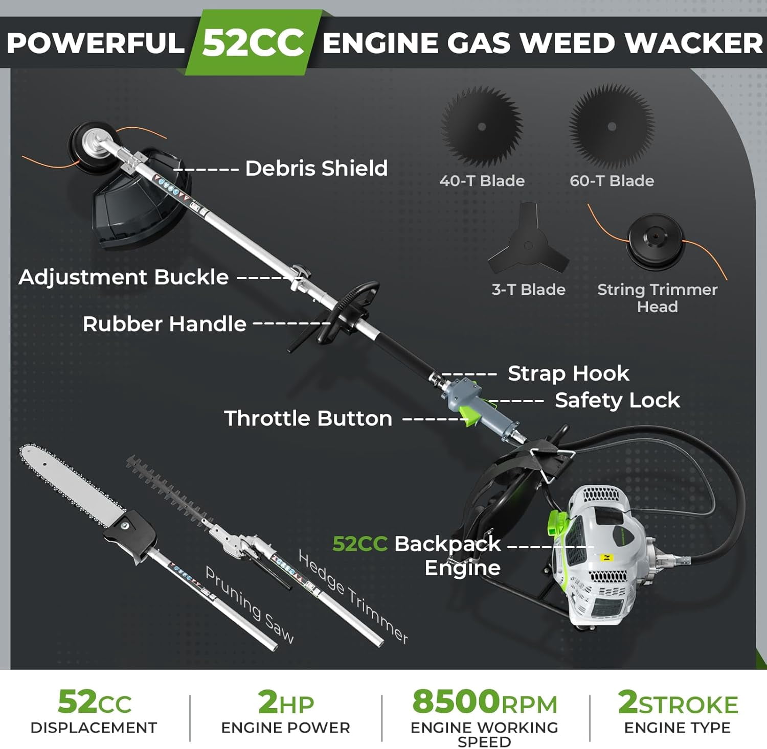 52CC 6-in-1 Gasoline Backpack Lawn Mower, 2-stroke, 2HP, Gasoline-powered Lawn Mower, Multi-functional, Suitable for Backyard Garden Lawn Care