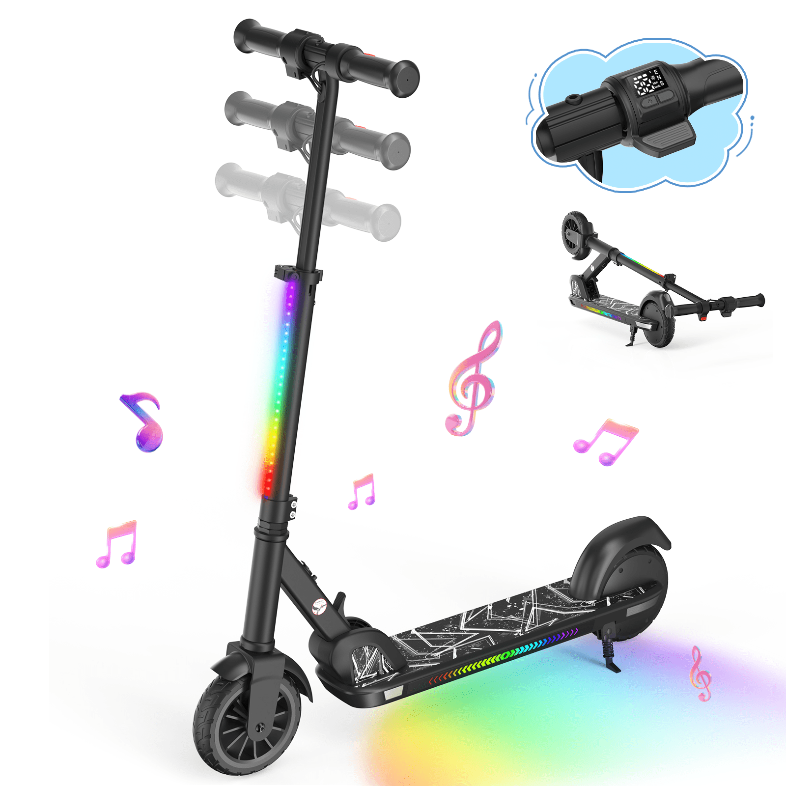 iScooter Electric Scooter for Kids 6-12, Max 10mph & 6mi Range, 150W Foldable Escooter with 3-Lighting Effects, Dual Braking & Bluetooth, Kids Scooter for Teens Black