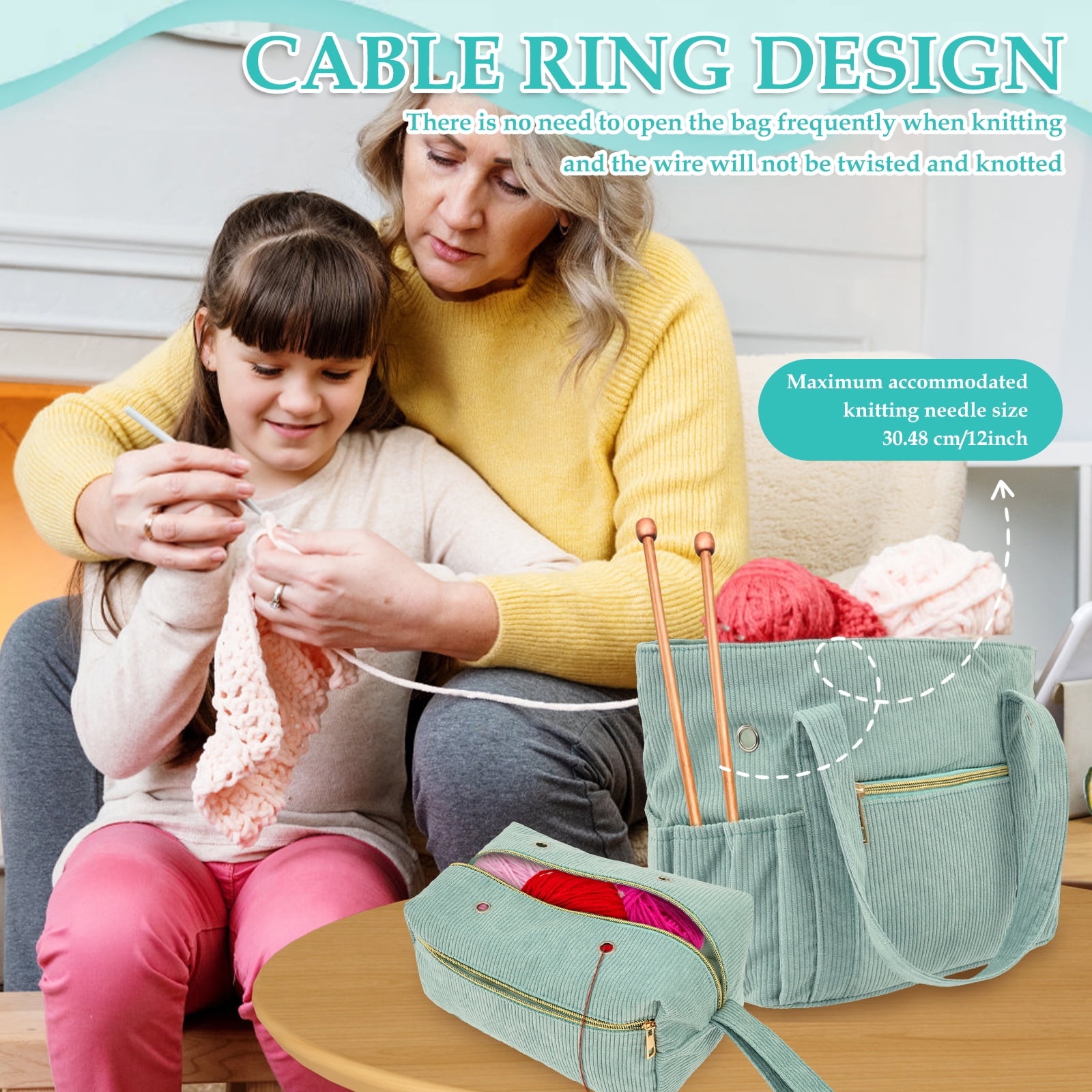 FKSZLL Crochet Bag and Tote 11.5" Corduroy Yarn Bag with Multiple Compartment Knitting Bag Crochet Tote Organizer for Crochet Lover