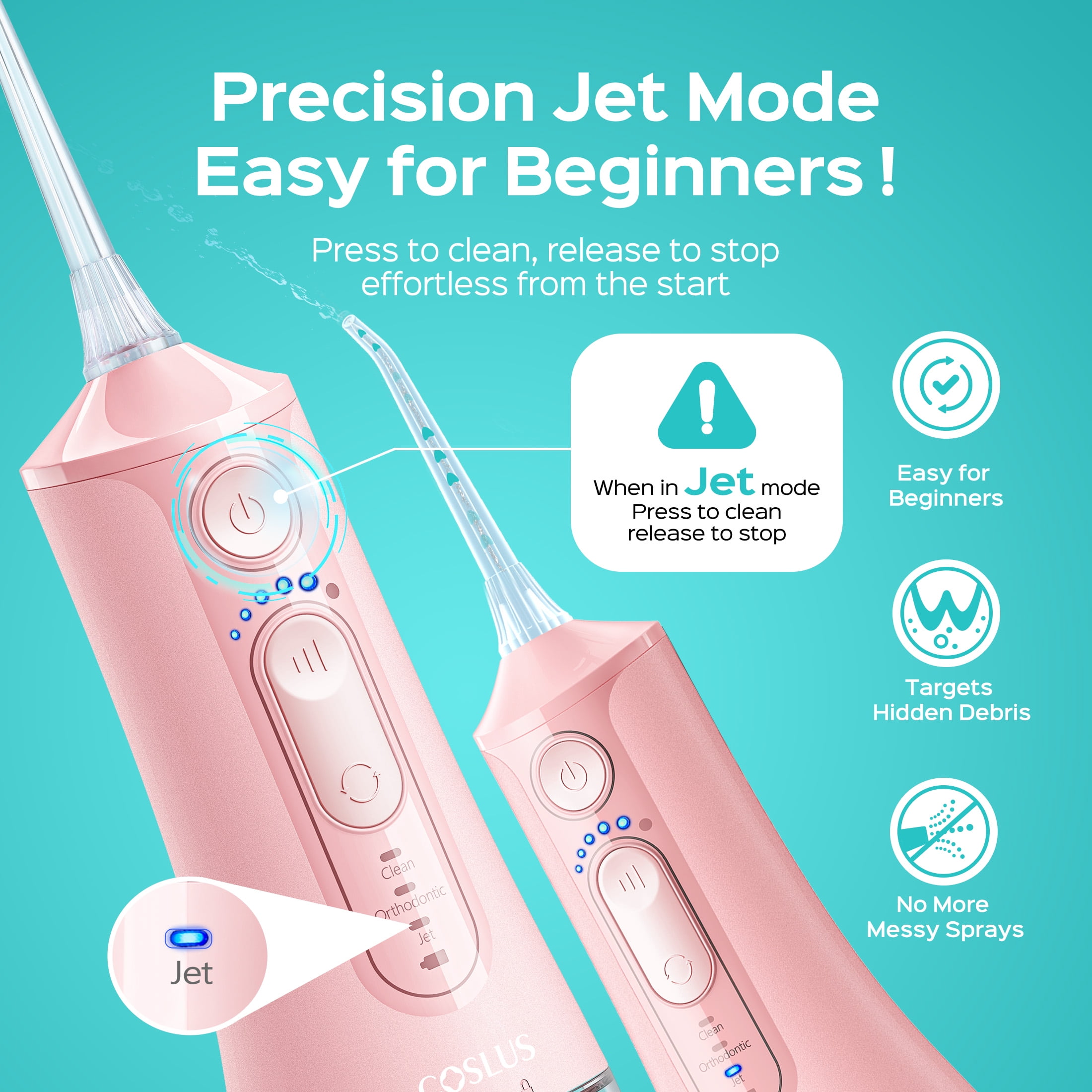 COSLUS CX51 Portable Water Flosser for Teeth,3 Modes 6 Intensity Professional Electric Water Dental Pick for Sensitive Gums, Braces for Travel Home Pink
