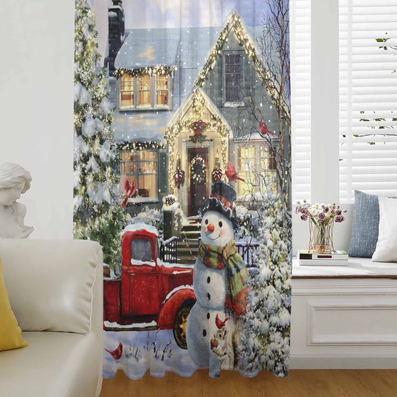 Farmhouse Christmas Snowman Semi Sheer Curtains Drapes for Living Room,Bedroom,French Doors Window 96 Inches Long,Xmas Tree Truck Snowflake Rod Pocket Chiffon Curtain Drapery Voile Draperies Panel