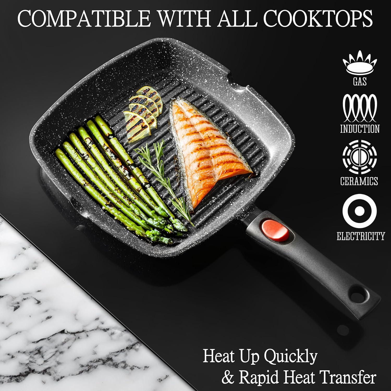 Moss & Stone Square Grill Pan For Indoor Cooking, Rv Die Casting Aluminum Grill Pan, Removable Handle Nonstick Stove Top Grill Pan for Meats & Vegetables, 11In Square Pan with Detachable Handle