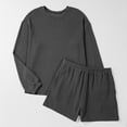 thumbnail image 4 of 2 Piece Ribbed Knit Loungewear Set Women's Long Sleeve Crew Neck Tops Elastic Waisted Shorts, Loose Comfortable Outfits Black M, 4 of 7