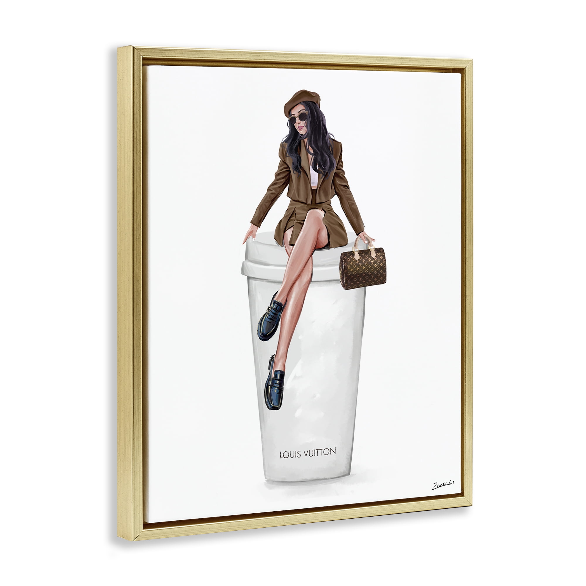 Stupell Industries Lovely Lady on Coffee Cup People Painting Gold Floater Framed Canvas Art Print Wall Art, 17 x 21