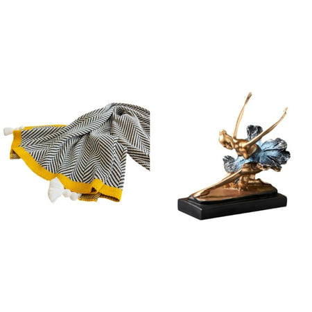 CoudarTitie Knitted Throw Blanket And Ballet Dancer Statue Set with Acrylic Blanket Resin Ballerina Figurine Home Decorative Ornament Modern Art Sculpture