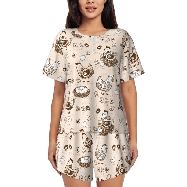Fotbe Retro Rooster Conjunto de Pijama Estampado para Mujer, 2 Piezas, Ropa de Dormir con Camiseta de Manga Corta y Shorts Suaves-Small