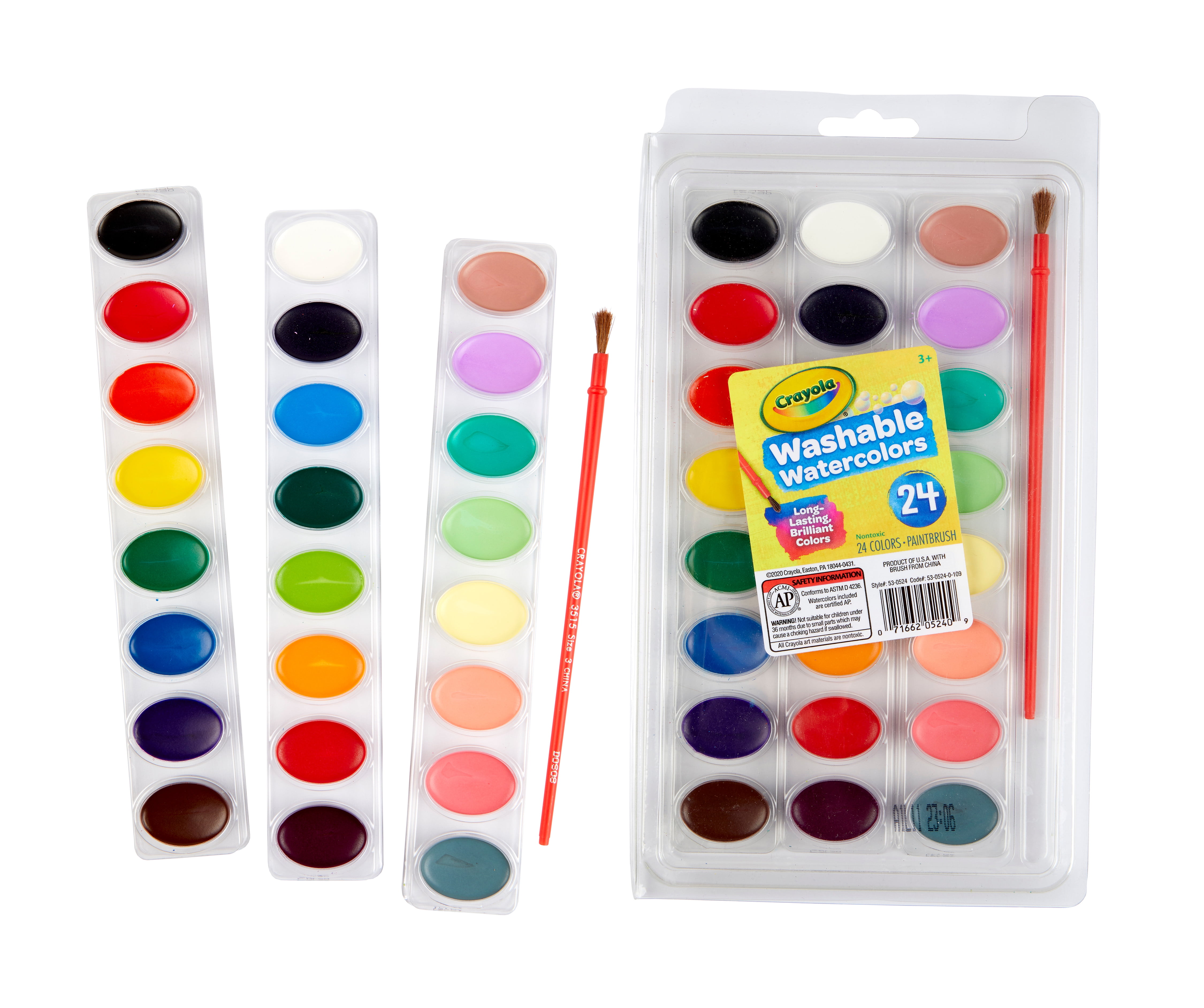 Crayola Washable Watercolor Pans w/Plastic Handled Brush, 24 Colors School  Supp