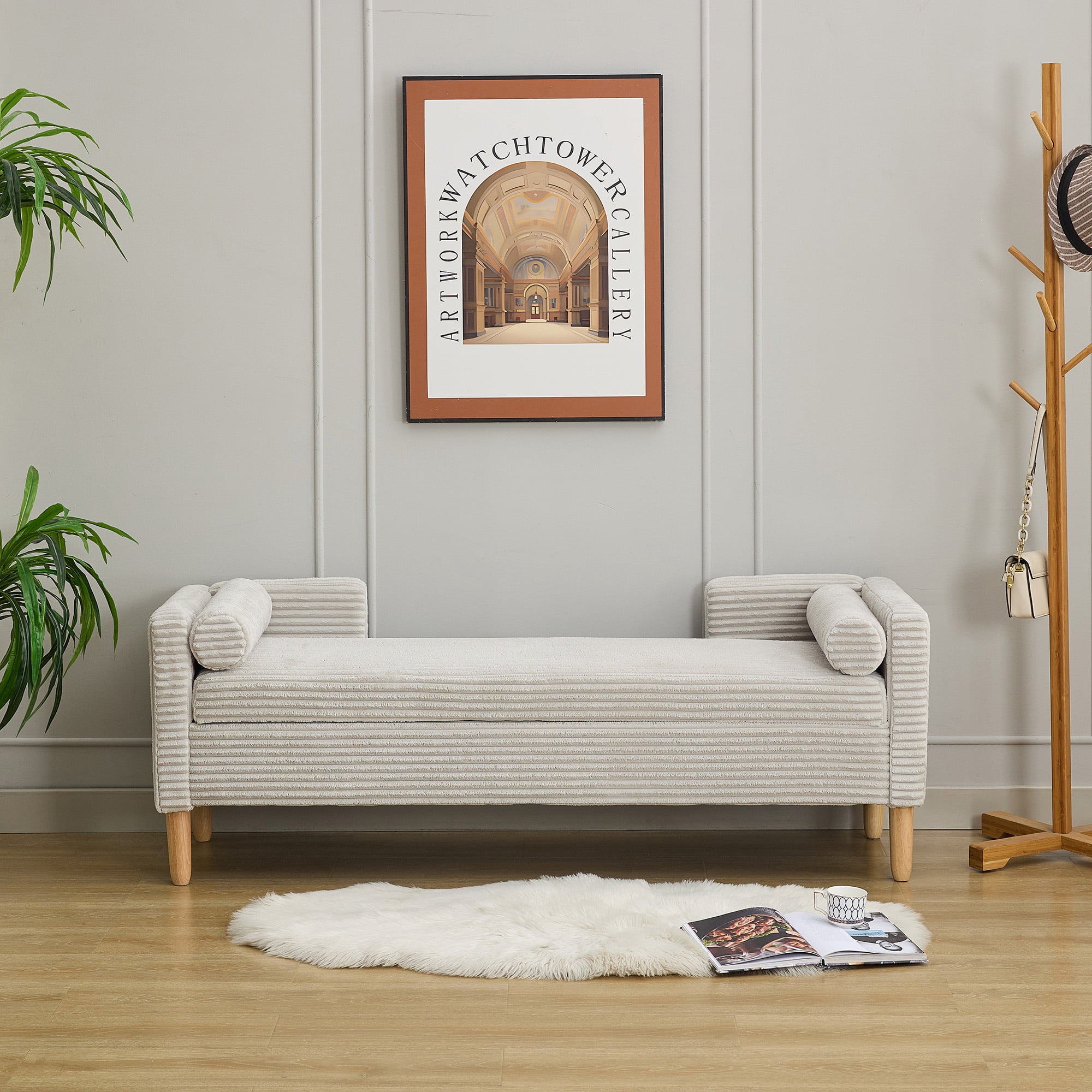 64.7"W Upholstered Corduroy Flip-top Storage End of Bed Bench, Accent Window Footrest with Armrests&Backrest&2 Bolsters Rubberwood Legs for Living Room, Hallway, Entryway Bedroom