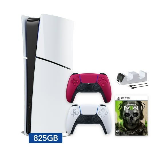 PlayStation 5 Slim Digital 825GB SSD Call of Duty Modern Warfare II Console with Two Controllers, White and Cosmic Red DualSense and Dual Controller Charger - PS5 Slim Digital Console