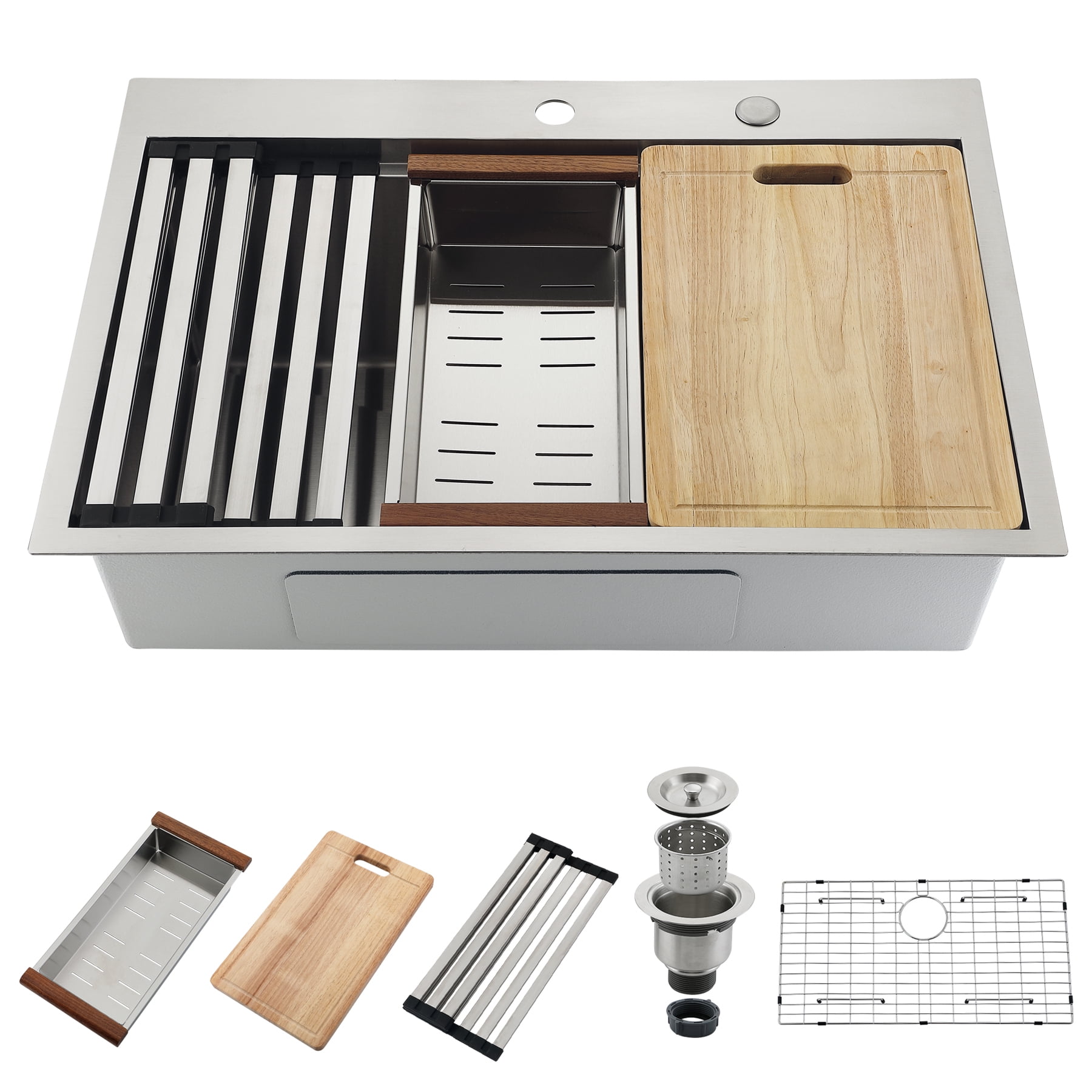 VsusKoos Kitchen 33" Top-Mount Sink, 304 Stainless Steel Deep Basin, 16-Gauge Thickened, Includes Cutting Board/Drain Rack/Colander