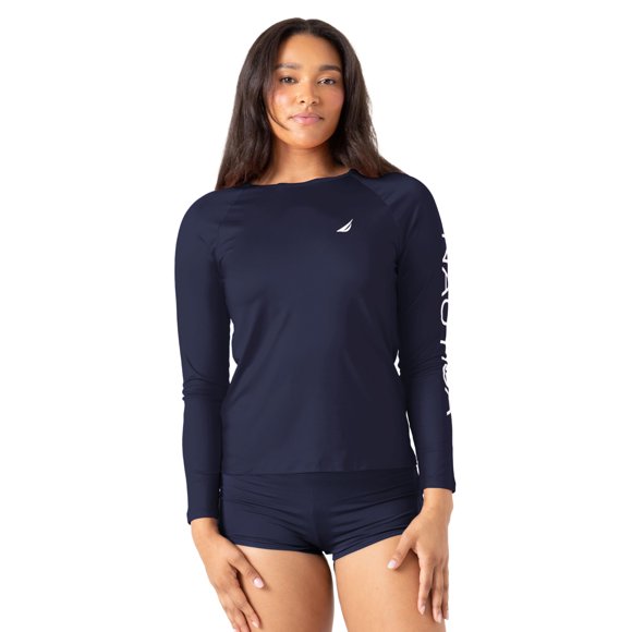 Nautica Women's Rashguard – Quick-Dry, UPF Protection, Swim Shirt, Pool, Beach, Hiking, Yoga, Volleyball, Navy, Medium