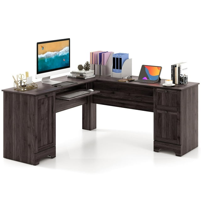 Giantex Bureau de bureau en L, Poste de Travail d'Ordinateur d'Angle pour Bureau à Domicile avec Tablette Intérieure Ajustable, Bureau d'Étude et d'Écriture Gain de Place, Brun Foncé