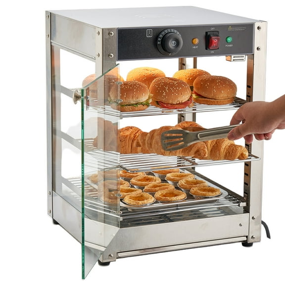 KFFKFF 3-Tier Commercial Food Warmer Display, 800W Food Display Unit with LED Lighting, Adjustable Shelves, Stainless Steel Construction, 86℉~185℉ Air Heating, 34L Capacity for Various Foods