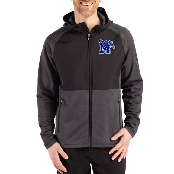 Men's Cutter & Buck Heather Black Memphis Tigers Peshastin Eco Fleece Recycled Raglan Full-Zip Tri-Blend Hybrid Jacket