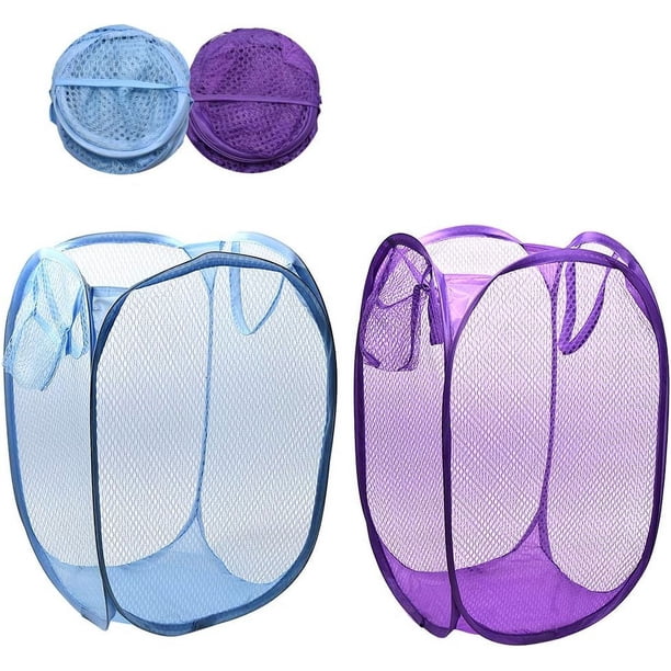 Cesto plegable para la colada de malla emergente con bolsillo lateral, cesta para la colada, bolsa de almacenamiento con asas de transporte para ropa sucia (paquete de 2)