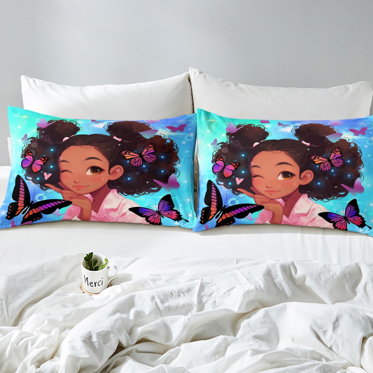 Cute Black Girls Bed Sheets Set Queen Size Pretty Girls Sheet Set American Black Girls Fitted Sheet for Girls Kids Kawaii Princess Bedroom Decor Afro Girls Flat Sheet Dreamy Butterfly Flat Sheet