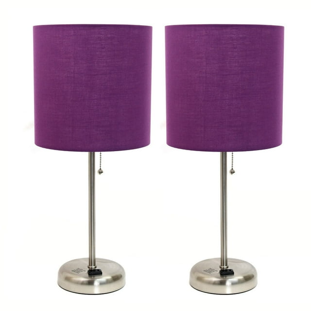Pair of LimeLights brushed steel stick lamps with purple fabric shades, pull chain switches, and charging outlets on the base