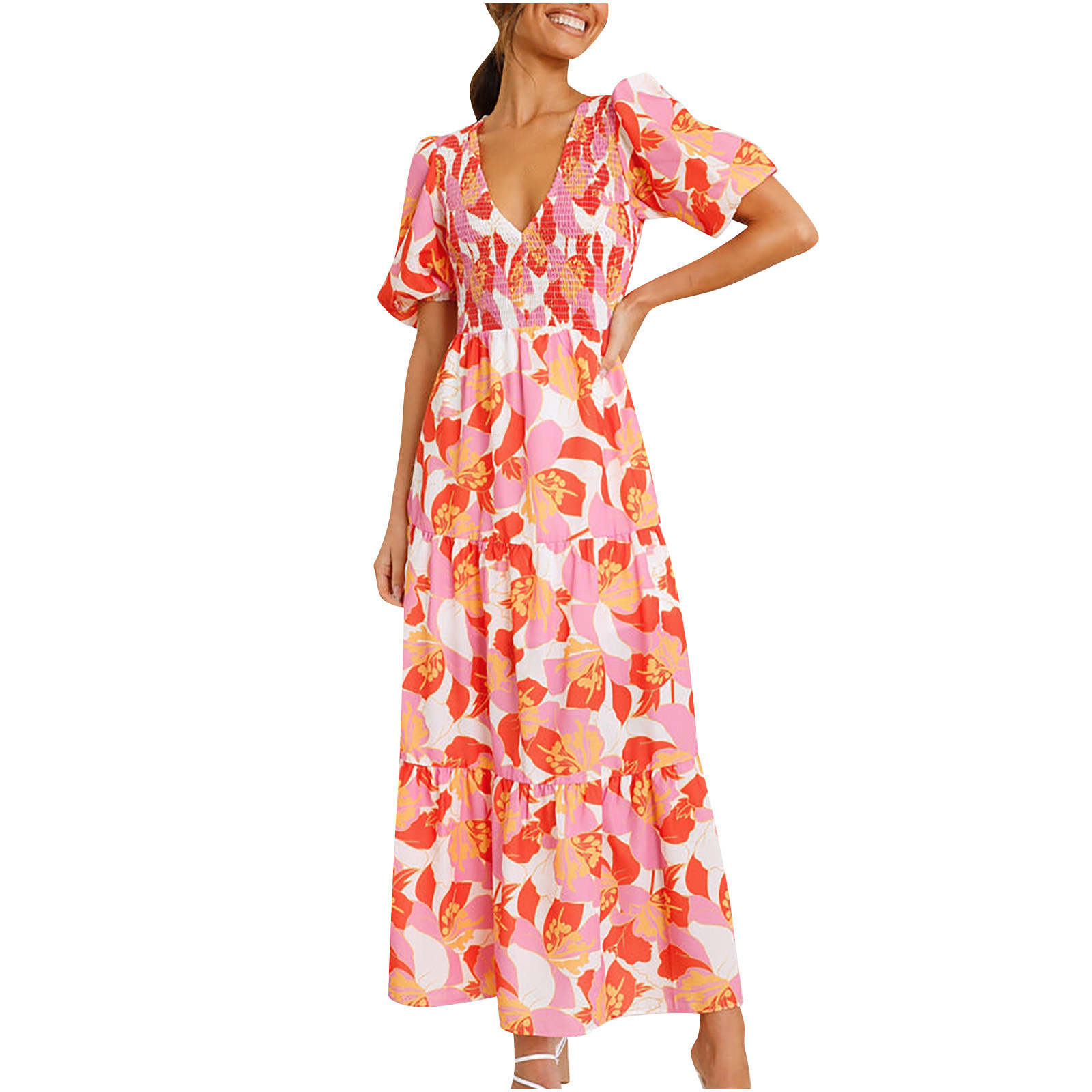 Women's Summer Casual Bobo Maxi Dress V Neck Puff Sleeve Floral Smocked
