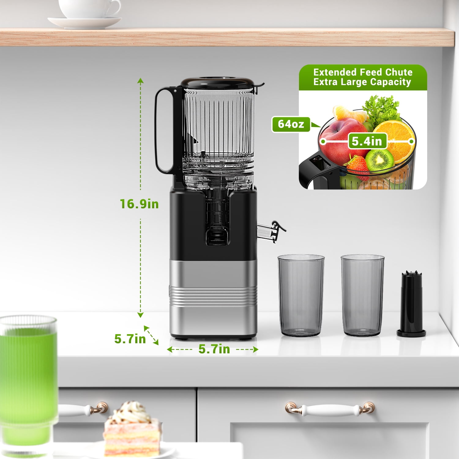 TINANA Cold Press Juicer Machine, 5.4 In Wide Feed Chute, Up to 450W Professional Slow Masticating Juicer for Whole Vegetables & Fruits, Batch Juicing, Reverse Function to Clear Blockages, MP-802T