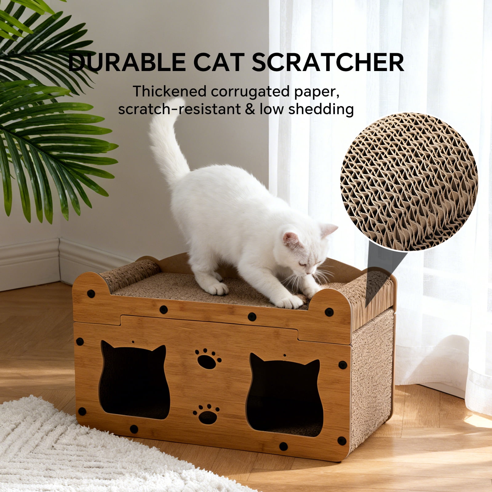 Cat Scratcher House, 2 in 1 Cat Bed and Cave with Hanging Ball Toys, Wooden Scratching Board for Kittens and Adult Cats
