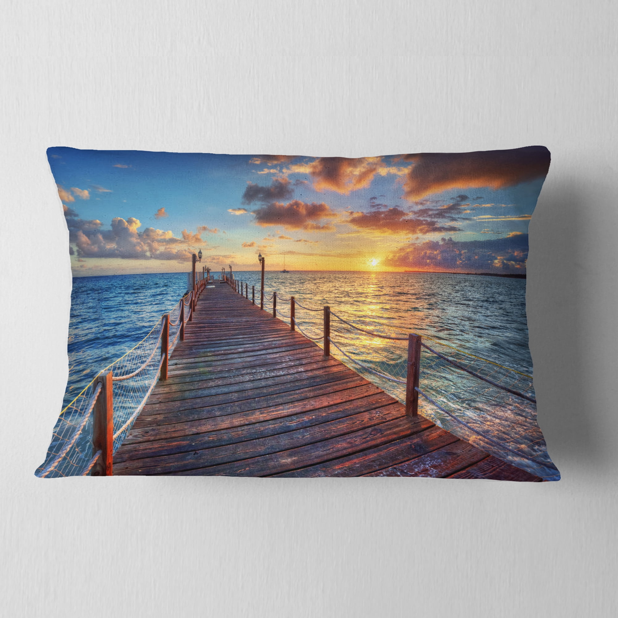 Designart Beautiful Sunset over Sea Pier - Modern Throw Pillow - 12x20