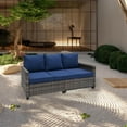 thumbnail image 3 of Decksplore All Weather Wicker Patio Couch, 3 Seats Patio Sofa with High Curvy Back, Premium Outdoor Sofa with Brown Wicker and Thick Cushions for Garden, Backyard, Porch Navy Blue, 3 of 16