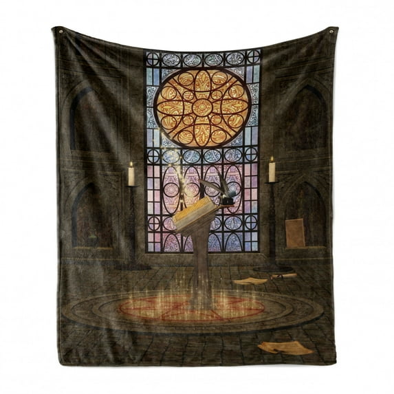 Gothic Soft Flannel Fleece Throw Blanket, Lectern on Pentagram Medieval Architecture Candlelight in Dark Altar, Cozy Plush for Indoor and Outdoor Use, 70" x 90", Olive Green Mustard, by Ambesonne