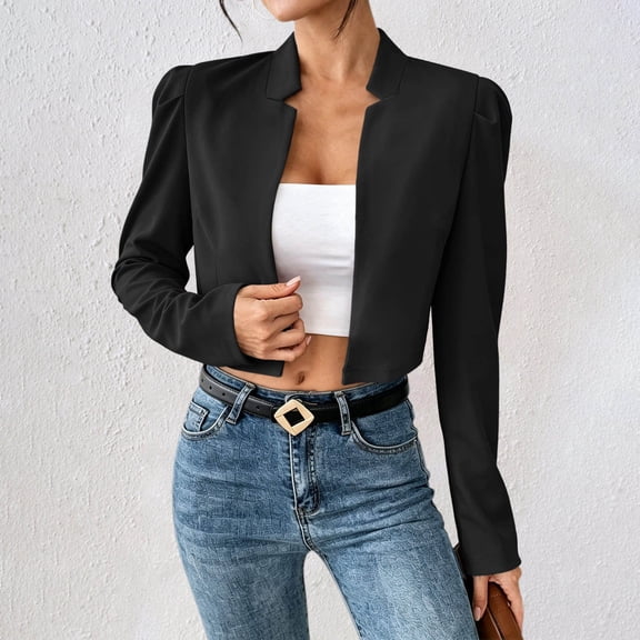 gbyLJF Womens Puffed Shoulders Cropped Blazers Lightweight Vintage Open Front Stand-up Collar Dressy Cardigan Casual Office Long Sleeve Jackets