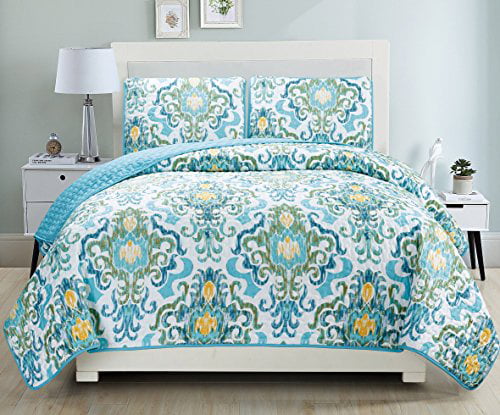 3 Piece Fine Printed Quilt Set, Blue Yellow Bedspreads Queen