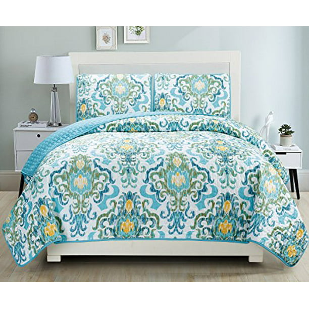 3-Piece Fine printed Quilt Set Reversible Bedspread Coverlet (California)  CAL KING SIZE Bed Cover (Turquoise, Blue, White, Green, Yellow)