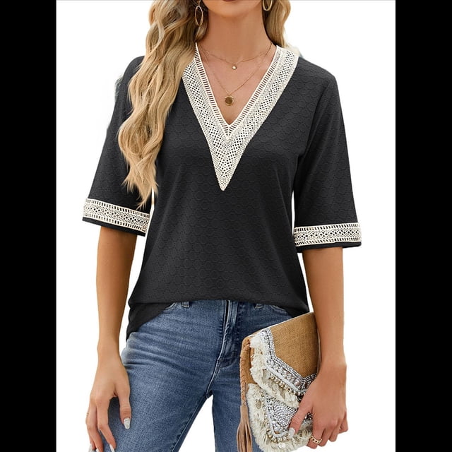 Blusa Tipo Túnica de Hueca con Encaje de Crochet, Cuello en V, 3/4, Color Liso, Talla Grande, para Mujer. Negro M