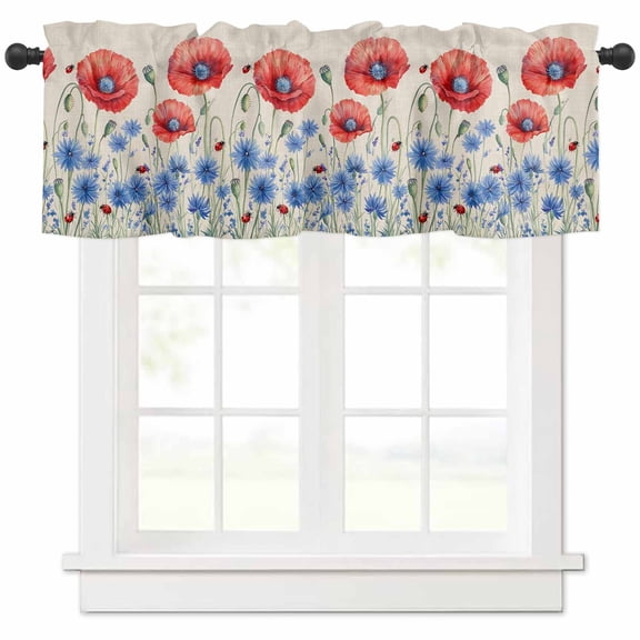 nqOlkjepod Poppy Flowers Farmhouse Short Window Curtain Valances, Red Bluel Independence Day Farmhouse Rod Pocket Kitchen Valances for Living Room Bedroom Bathroom Cafe, 1 Panel - 42" x 18"