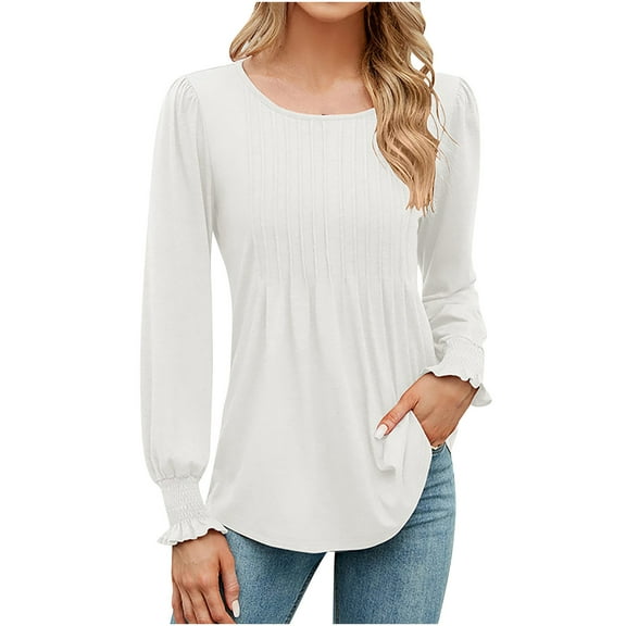 Plebaso Women's Pleated Tunic Tops Puff Long Sleeve Shirts Loose Casual Soft Blouses Womens Clothes
