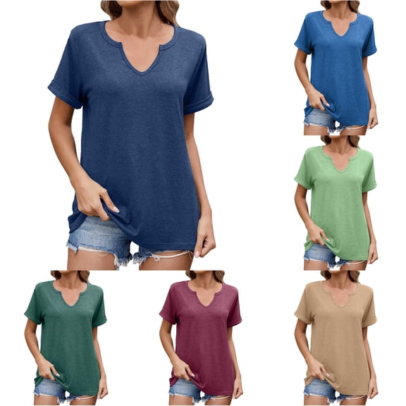 CAIVO Womens Tops Basic T Shirt Casual V Neck Short Sleeve Solid Color Cozy T-Shirts