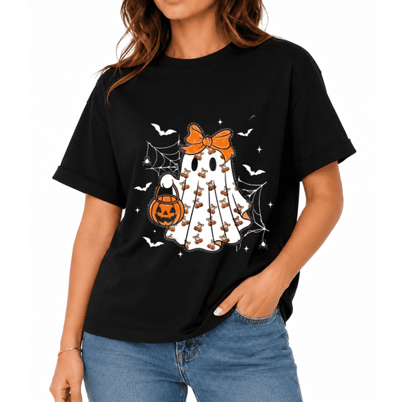 Women's Holiday Ghost Pumpkin Halloween Graphic T-Shirt, Fall Party Casual Short Sleeve Tee
