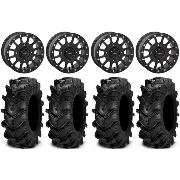 System 3 SB-5 Black 14" Wheels 28" Cryptid Tires Can-Am Commander Maverick Renegade Outlander Defender