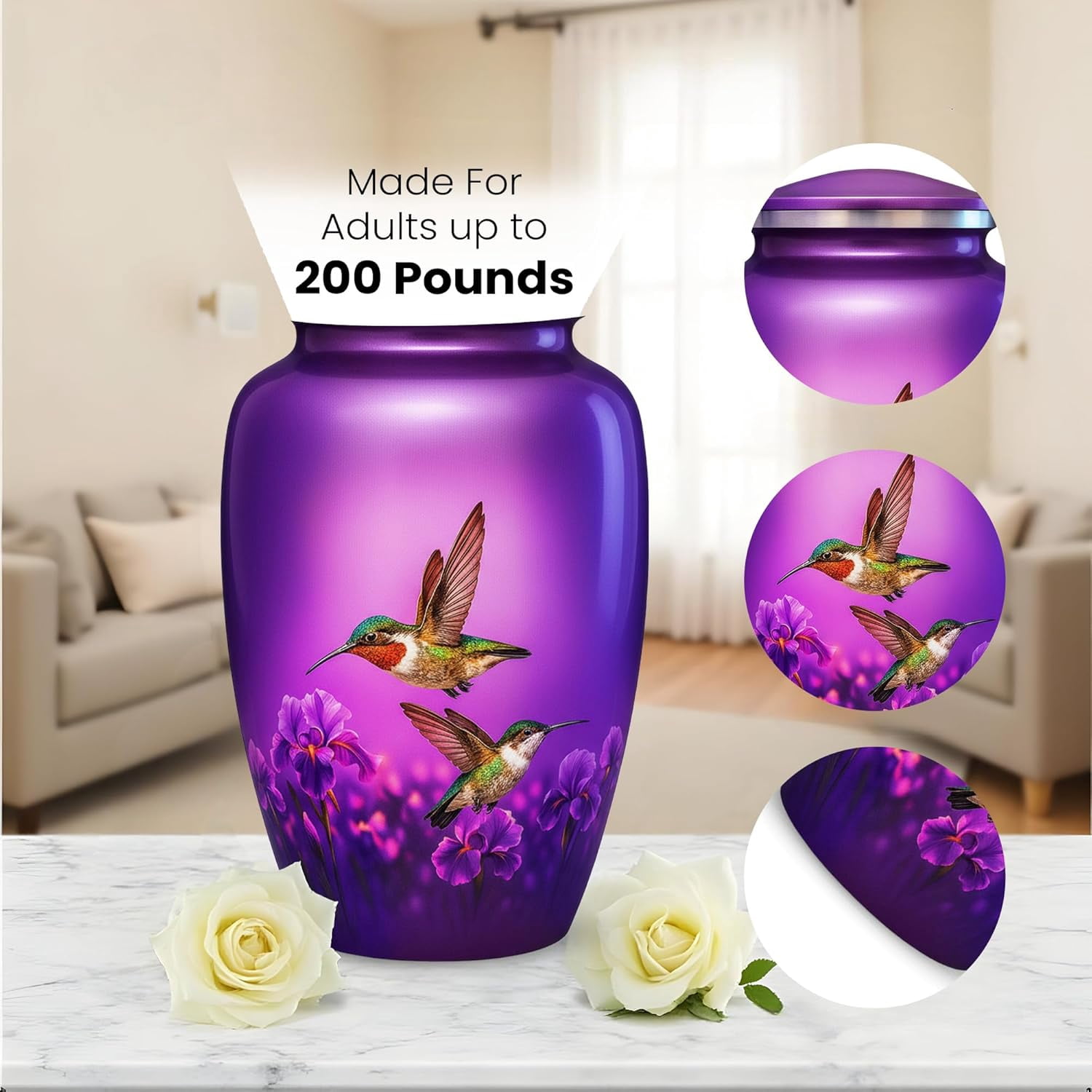 Hummingbird Cremation Urn Set of 2 – Includes 1 Large Metal Urn for Adult Ashes and 1 Matching Necklace Urn – Handcrafted in India