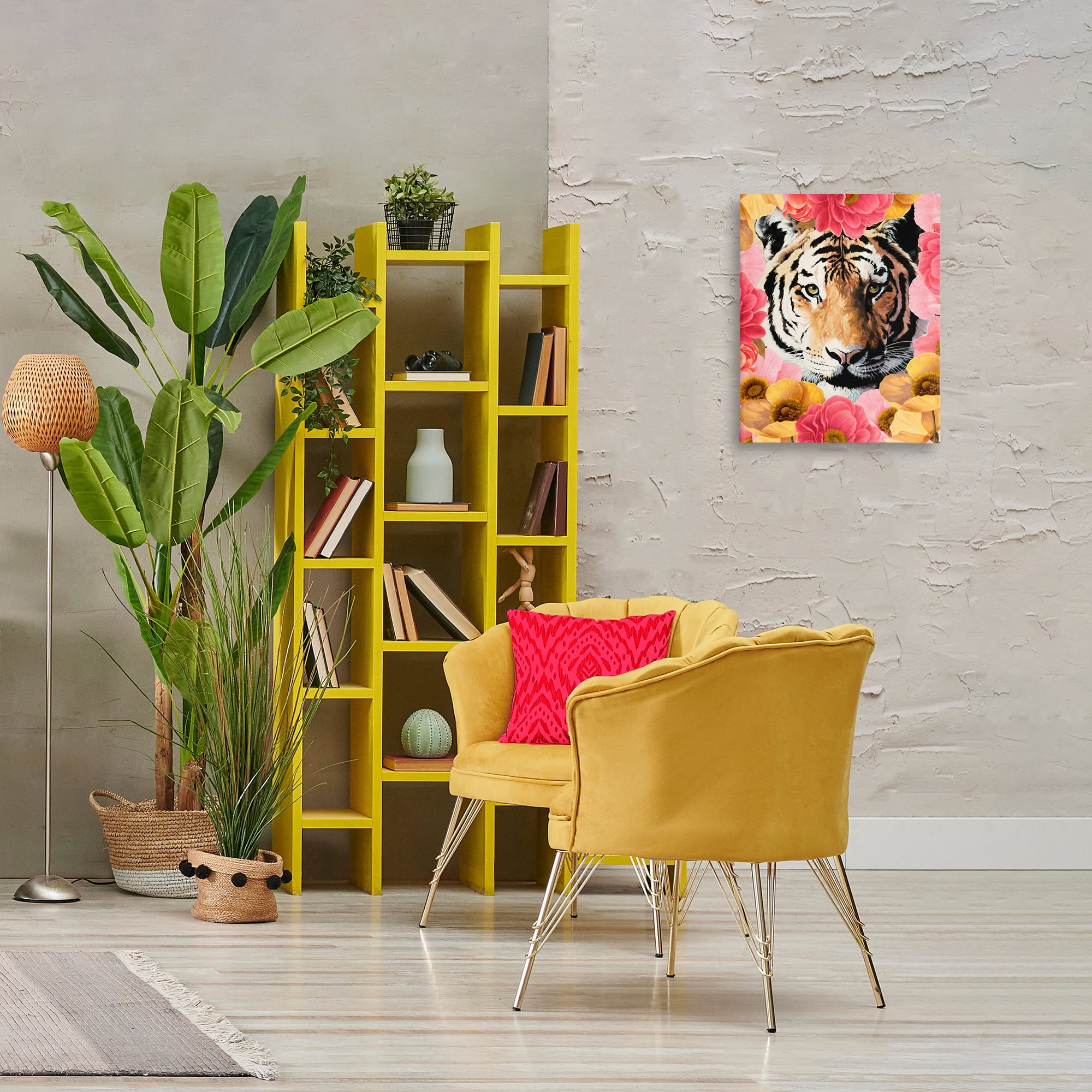 Stupell Industries Tiger on Dahlia Florals Animals Painting Wrapped Canvas Art Print Wall Art, 16 x 20