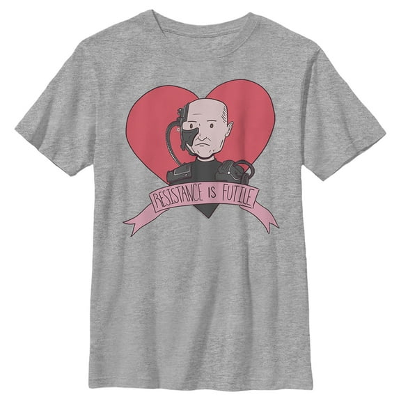 Boy's Star Trek: The Next Generation Valentine's Cartoon Borg Picard Heart Resistance Is Futile Graphic Tee Athletic Heather Medium